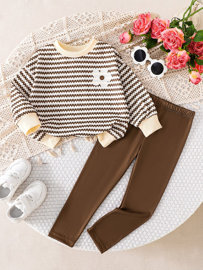Girls' Striped Floral Sweatshirt & Leggings Set, Soft & Cozy
