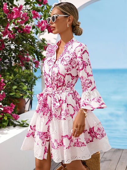 Women’s Floral Tie-Waist Mini Dress with Flared Sleeves
