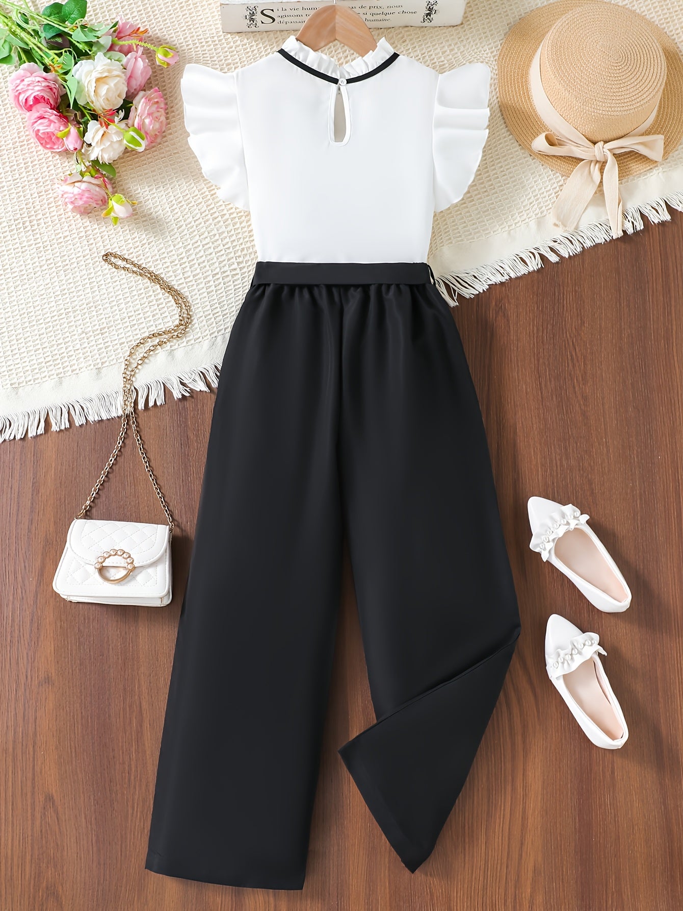 Girls' Preppy Summer Short Sleeve Top & Wide-Leg Pants Set