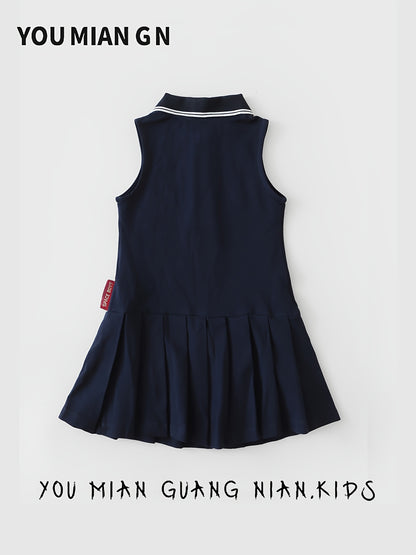 Girls' Sleeveless Polo Tennis Dress with Pleated Skirt, Navy