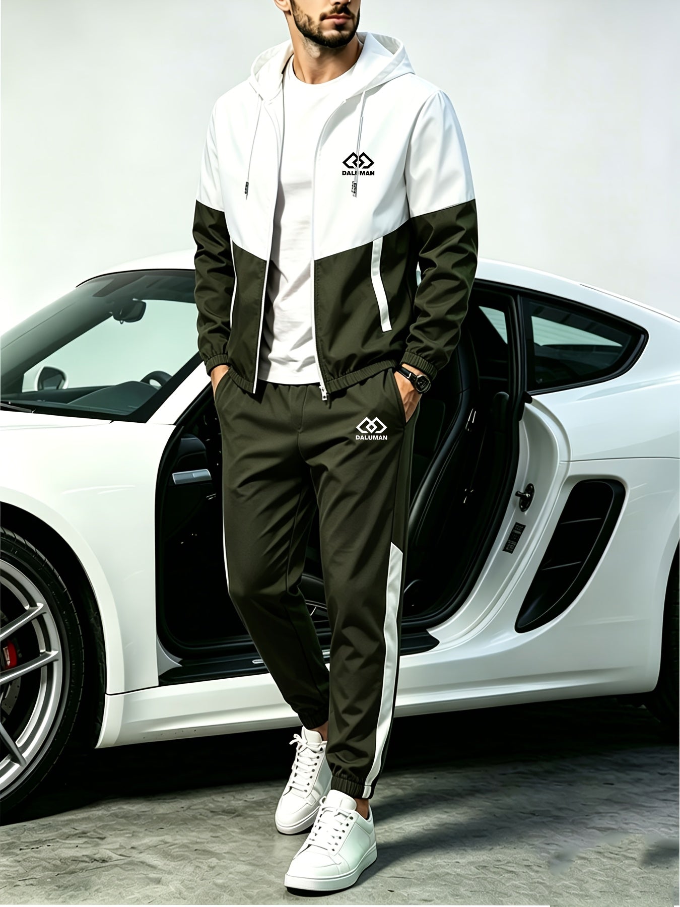 Men's Spring-Fall Patchwork Athletic Hooded Jogger Set