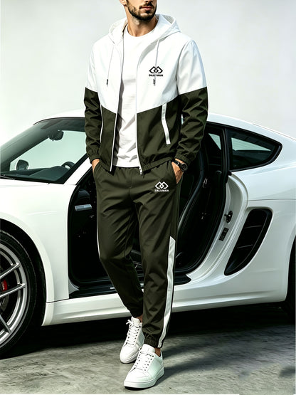 Men's Spring-Fall Patchwork Athletic Hooded Jogger Set