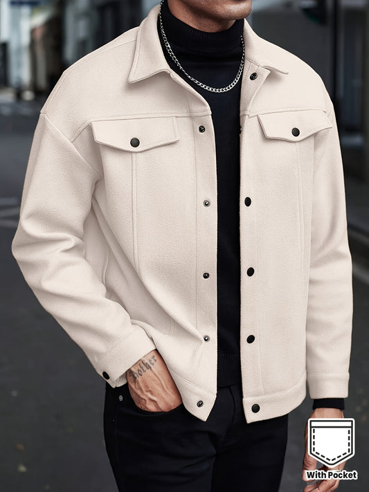 Men'S British-Inspired Workwear Jacket - Casual Short Length Loose Fit with Pockets, Solid Color, Spring/Fall Outerwear, Non-Stretch Fabric, Snap Closure, Regular Fit for Everyday & Travel, Spring Fall Clothing, Structured De