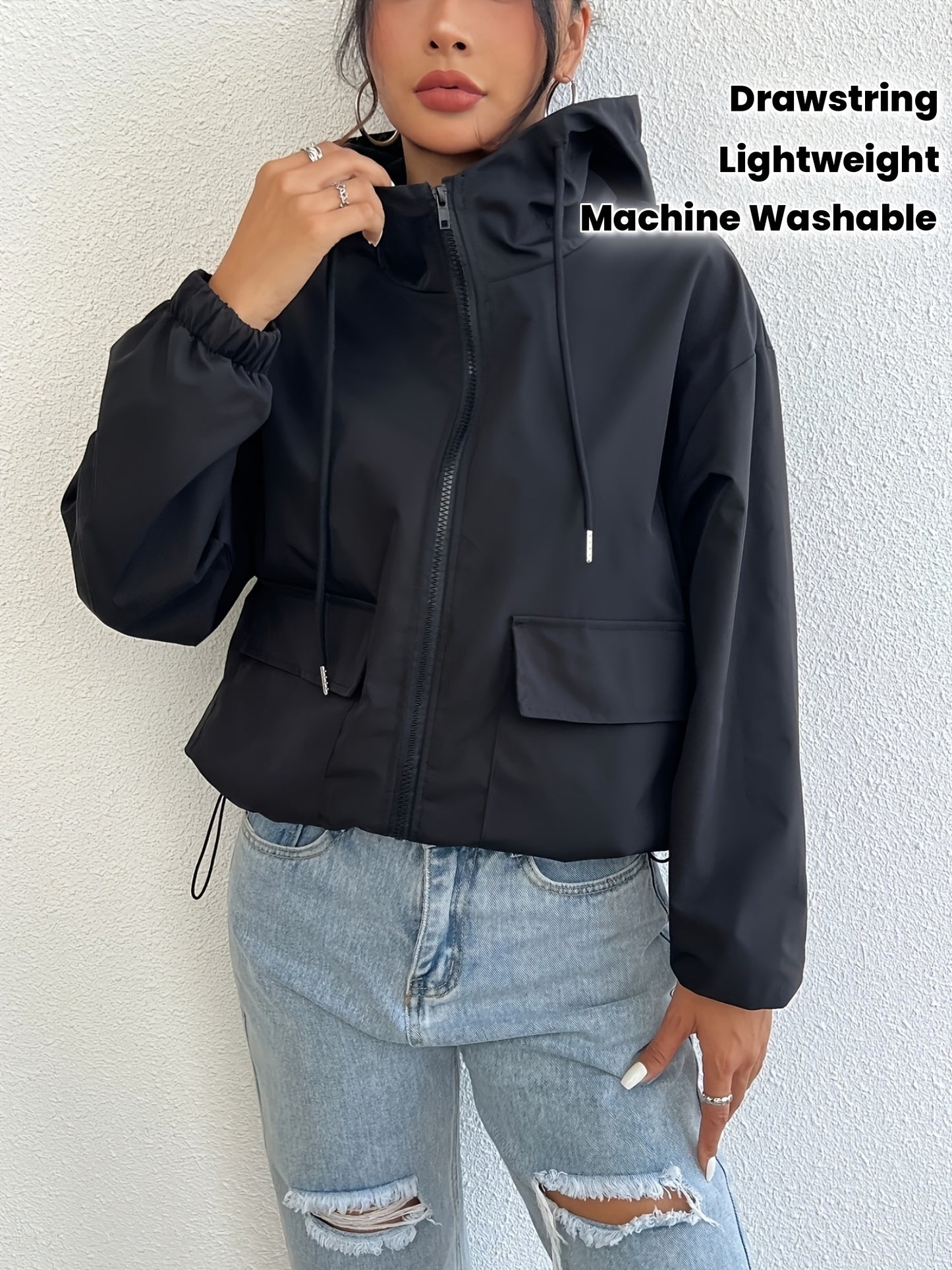 Women's Windproof Zip-Up Hooded Jacket - All-Season Lightweight Coat with Full-Zip Closure, Front Pockets - Elegant Minimalist Design for Office, Travel, Everyday Commute - Machine Washable Women's Outerwear, Zip Up Jacket, C