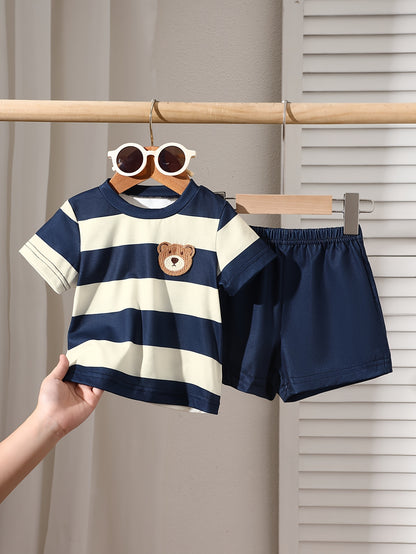 Baby Boys' Navy Blue Striped Summer Set with Bear Knit