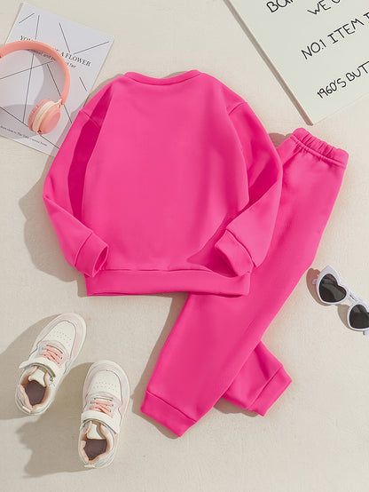 Tween Girls' Autumn/Winter Letter Embossed Warm Lined Sweatshirt and Joggers, Perfect for Outdoor