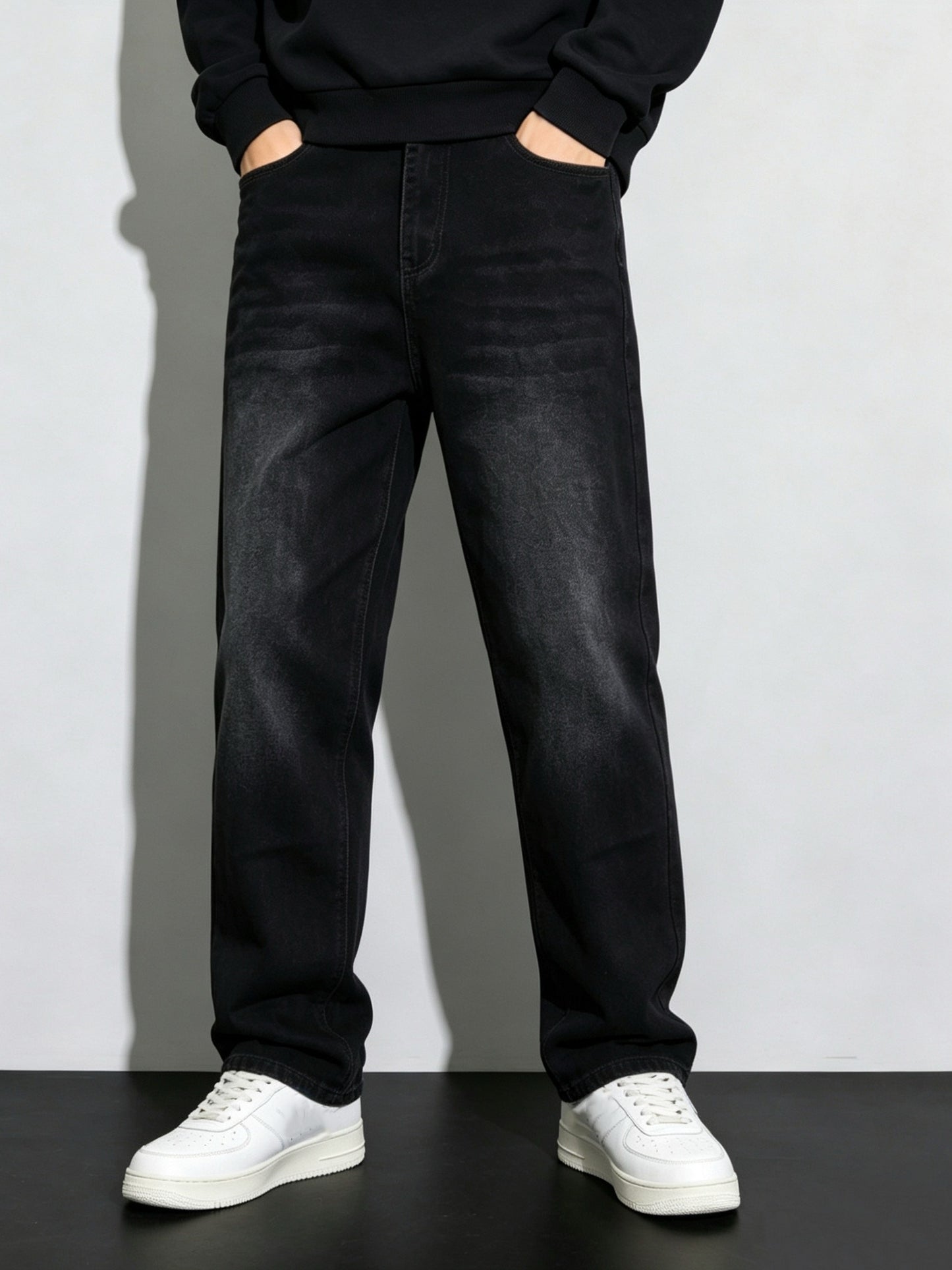 Boys' Casual Black Straight-Leg Jeans with Elastic Waist