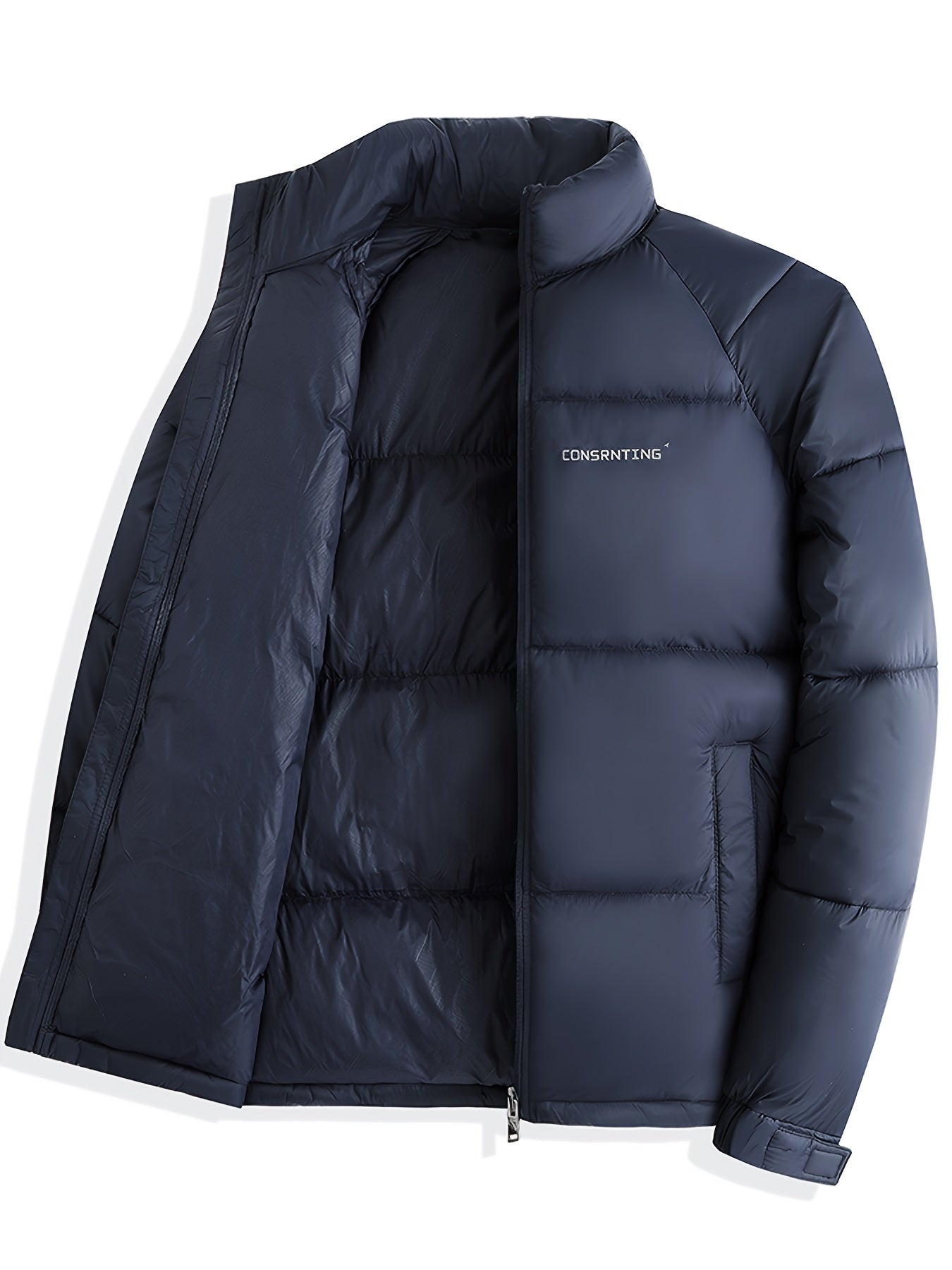 Men'S Winter Warm Jacket - Stylish Black Stand Collar with "CONTRIBUTING" Lettering, Long Sleeve, Zip-Up, Polyester Fleece Lined, Casual Outdoor Sportswear, Winter Jacket, Men, Men'S Business Coat, Men'S Outer Winter, Winter