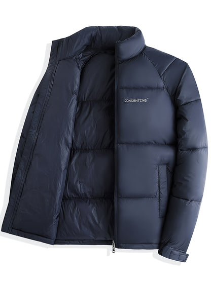 Men'S Winter Warm Jacket - Stylish Black Stand Collar with "CONTRIBUTING" Lettering, Long Sleeve, Zip-Up, Polyester Fleece Lined, Casual Outdoor Sportswear, Winter Jacket, Men, Men'S Business Coat, Men'S Outer Winter, Winter