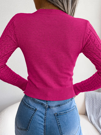 Women's Elegant High-Stretch Cable- Sweater - Long Sleeve Round Neck Pullover with Lace-Like Cut-Outs, Slim Fit Solid Black Top for Spring & Fall, Casual to Semi-Formal Wear, Cute Sweaters, Fall Wardrobe Essential, Sophistica