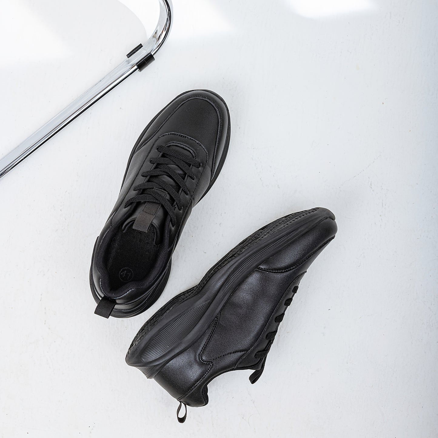 Men's Casual Sneakers Tennis Shoes - Comfortable, Versatile, and Stylish Running, Sports, and Casual Footwear. Black with White Accents, Featuring a Solid Black Synthetic Upper and Durable, Slip-resistant PVC Sole. Lace-up De - ayq