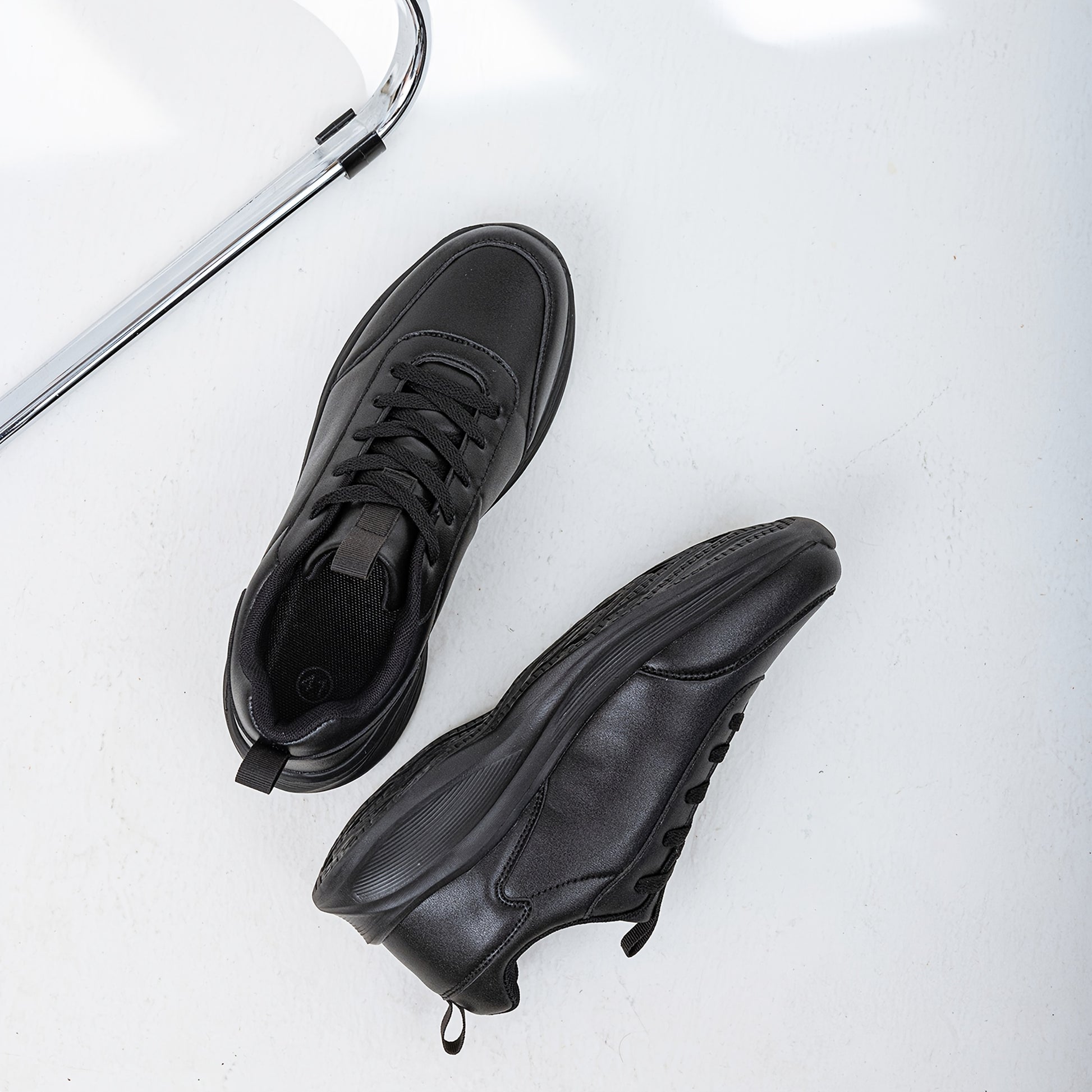 Men's Casual Sneakers Tennis Shoes - Comfortable, Versatile, and Stylish Running, Sports, and Casual Footwear. Black with White Accents, Featuring a Solid Black Synthetic Upper and Durable, Slip-resistant PVC Sole. Lace-up De - ayq