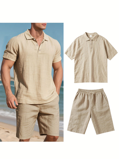 Essential for a Cool Summer! Men's Linen Shirt & Shorts Set, Comfortable Casual Outing Choice - Simple Beach Vacation Style Solid Color Linen