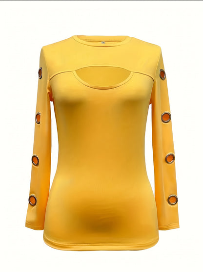 Women's Elegant Black Long Sleeve T-Shirt with Golden-Tone Circular Buttons - Round Neck Medium Stretch Top for Spring & Fall, Solid Color Regular Fit Casual to Semi-Formal Wear, Transitional Season Clothing, Sophisticated Bu