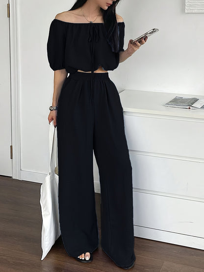 Women's Summer Solid Color Off-Shoulder Puff Sleeve Crop Top and Loose Wide-Leg Pants Two-Piece Set