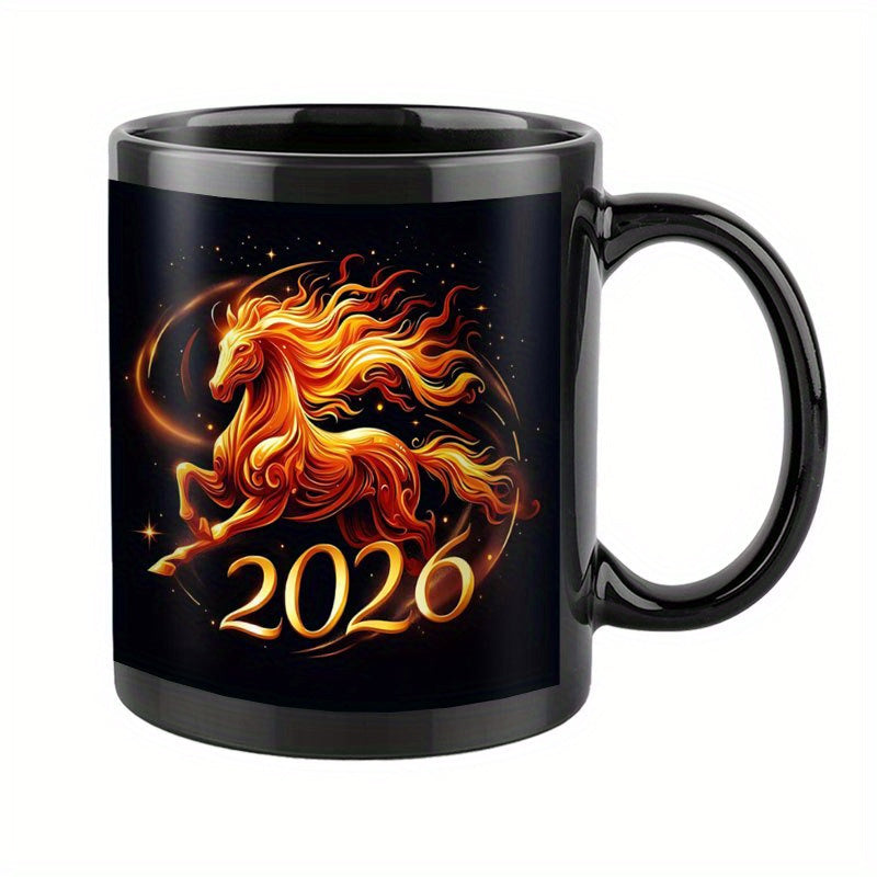 1pc 11oz Chinese New Year of the Horse 2026 Ceramic Mug - Glossy Black & Fire Horse Design Coffee Cup with Auspicious Red/ Horses, Hand Wash Only, Reusable Gift for Home, Office, Travel, Lunar New Year Celebrations