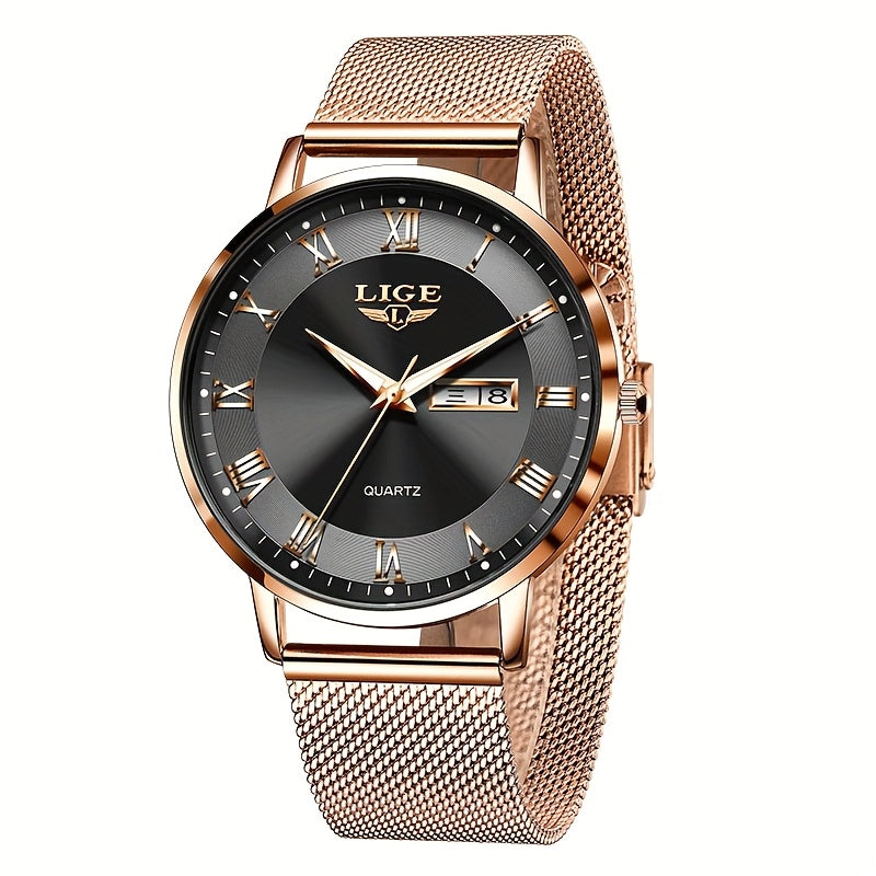 LIGE Women's Elegant Stainless Steel Quartz Watch with Date