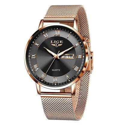 LIGE Women's Elegant Stainless Steel Quartz Watch with Date