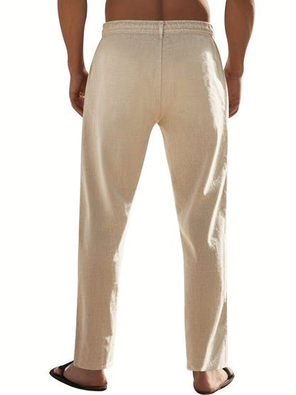 Men'S Casual Linen Drawstring Pants - Comfortable Straight Fit, Lightweight & Breathable for Beach & Outdoor Activities, Beach Casual Wear|Straight Fit Pants|Lightweight Fabric