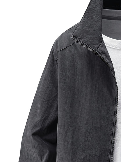 Men'S Olive Green Bomber Jacket with Stand Collar - Casual, Comfortable, Zip-Up Outerwear for Outdoor Activities, Casual Attire|Stand Collar Jacket|Zippered Jacket