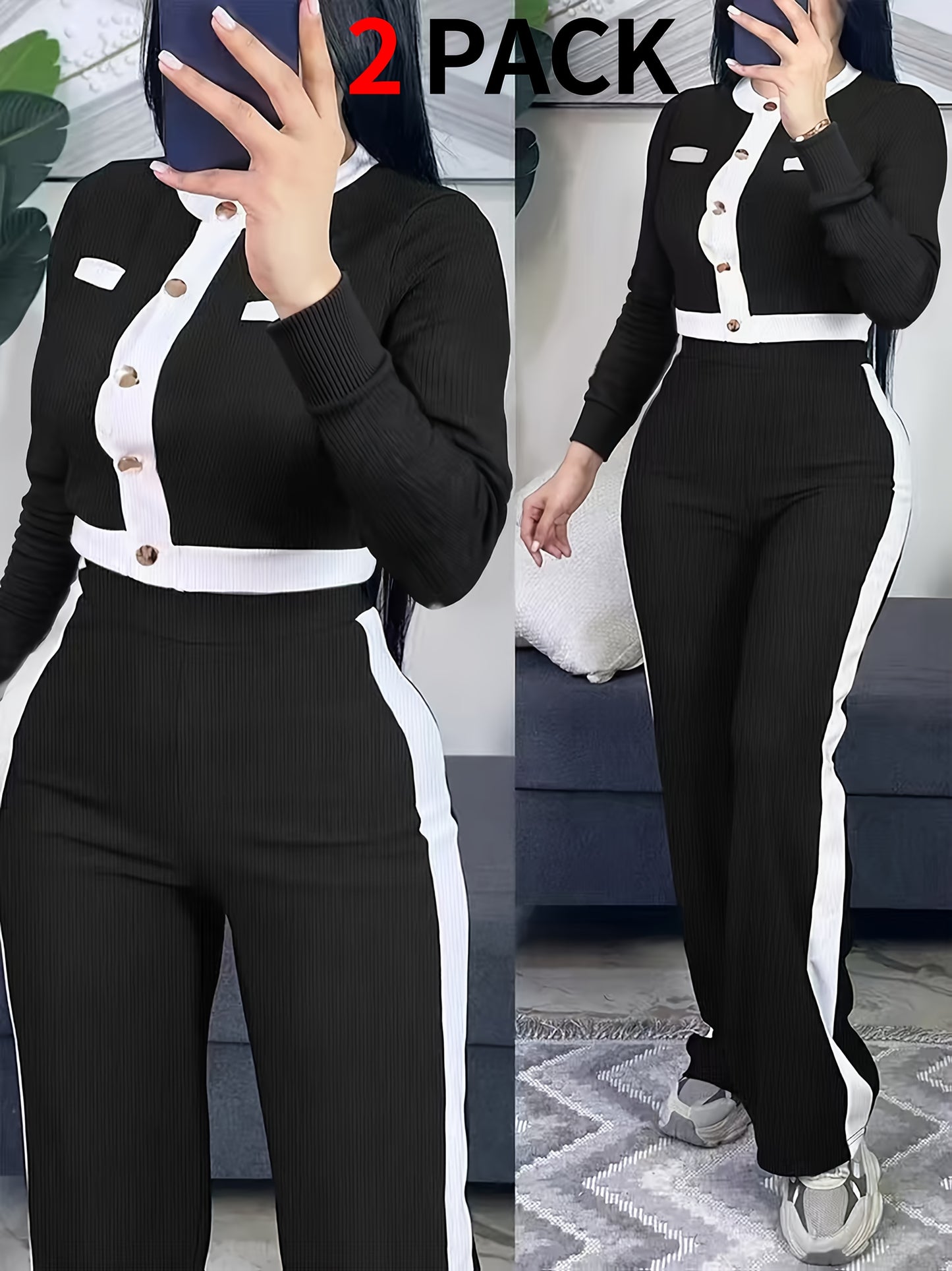 Autumn And Winter Women'S Outfit - Stylish Color-Blocked Fitted Long-Sleeve Top with a Round Neck And Versatile High-Waisted Comfortable Straight-Leg Pants