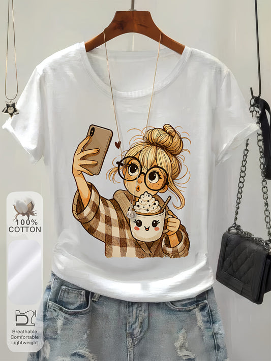 Casual Cotton Crew Neck T-Shirt with Coffee Cup Print
