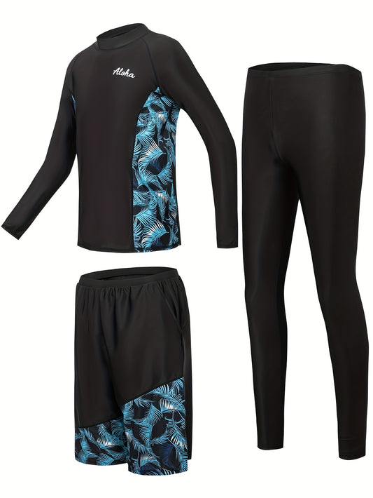 Men's Tropical Print Long Sleeve Swimwear Set with Pants - ayq