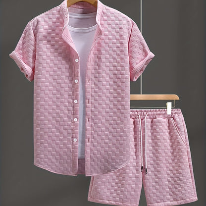 Men'S Casual Short Sleeve Button-Up Shirt & Shorts Set - Solid Black, Breathable Polyester Blend, Regular Fit for Summer, Everyday Comfort, Casual Summer Wear | Buttonup Shirt | Polyester Blend