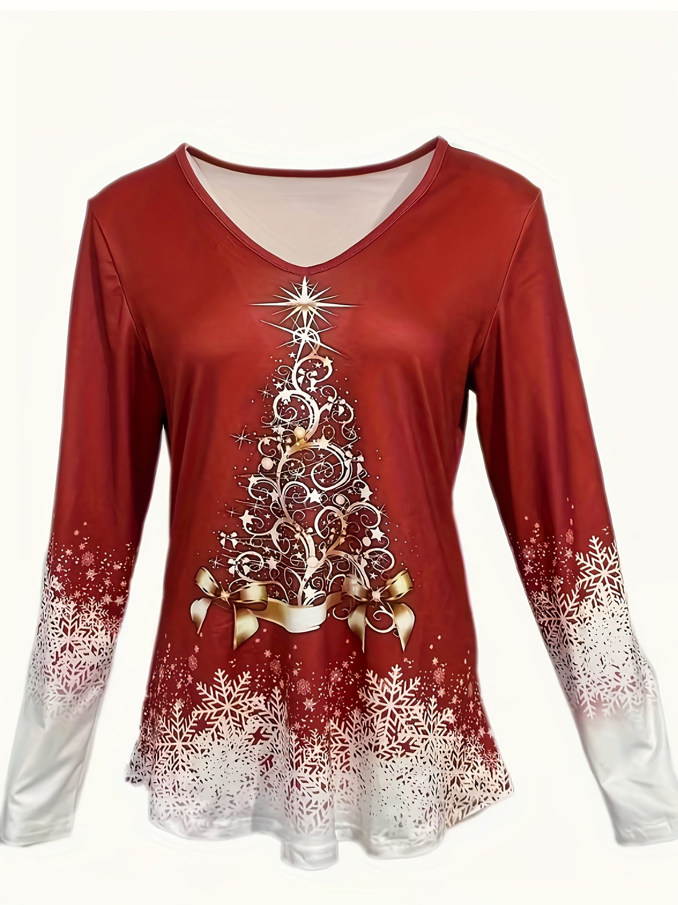 Plus Size, Women's Plus Size Christmas Print V-Neck Sweater Dress Shirt - Red & White Snowflake & Tree Pattern Long Sleeve Blouse, Casual Winter Holiday Party Outfit, Machine Washable Festive Top