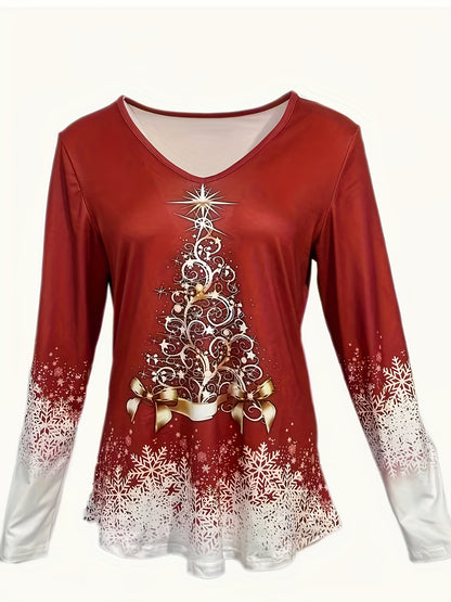 Plus Size, Women's Plus Size Christmas Print V-Neck Sweater Dress Shirt - Red & White Snowflake & Tree Pattern Long Sleeve Blouse, Casual Winter Holiday Party Outfit, Machine Washable Festive Top