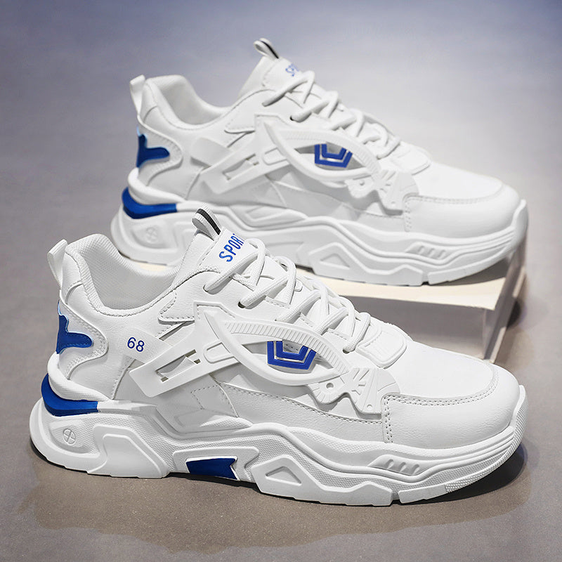 Men's White  Blue Geometric Accent Casual Sneakers - Low-Top Lace-Up Breathable PU Upper, Cushioned EVA Insole  Durable Rubber Sole for All-Season Casual Attire, Shoes Sneakers, Allseason Footwear, Sleek Shoe Design, Fabric