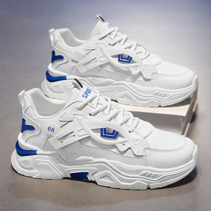 Men's White  Blue Geometric Accent Casual Sneakers - Low-Top Lace-Up Breathable PU Upper, Cushioned EVA Insole  Durable Rubber Sole for All-Season Casual Attire, Shoes Sneakers, Allseason Footwear, Sleek Shoe Design, Fabric