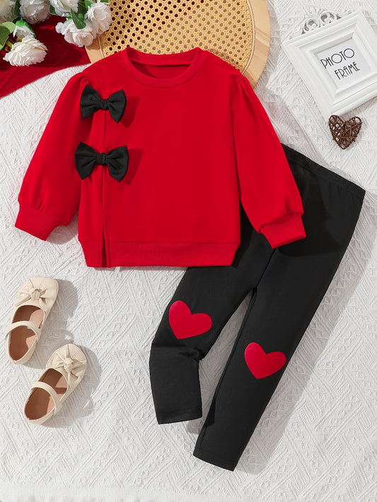 Youth Two-Piece Set: Fashionable Solid Color Round Neck Bow-Decorated Half-Slit Long Sleeve Sweatshirt + Solid Heart Pattern Ankle-Length Tight Pants Autumn Casual Pants Outfit, Perfect for Outdoor