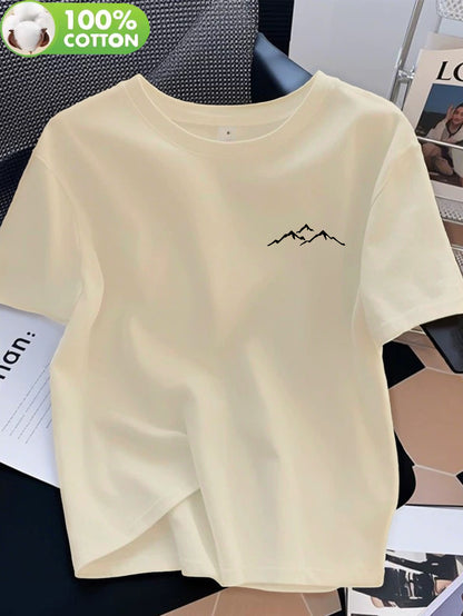 Women's 100% Cotton Crew Neck T-Shirt with Mountain Art Print