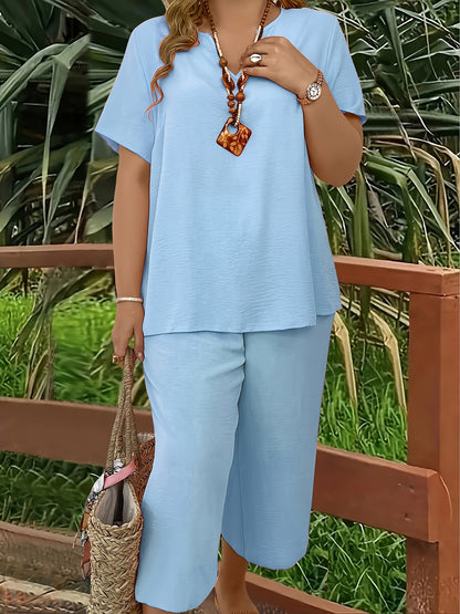 Women's Plus Size Suit, Elegant Solid Color Short Sleeve Top and Wide Leg Pants