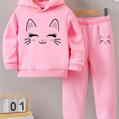 Autumn/Winter Smile Face Kitten Graphic Print Warm Fleece Hooded Sweatshirt And Sports Trousers for Girls, for Outdoor