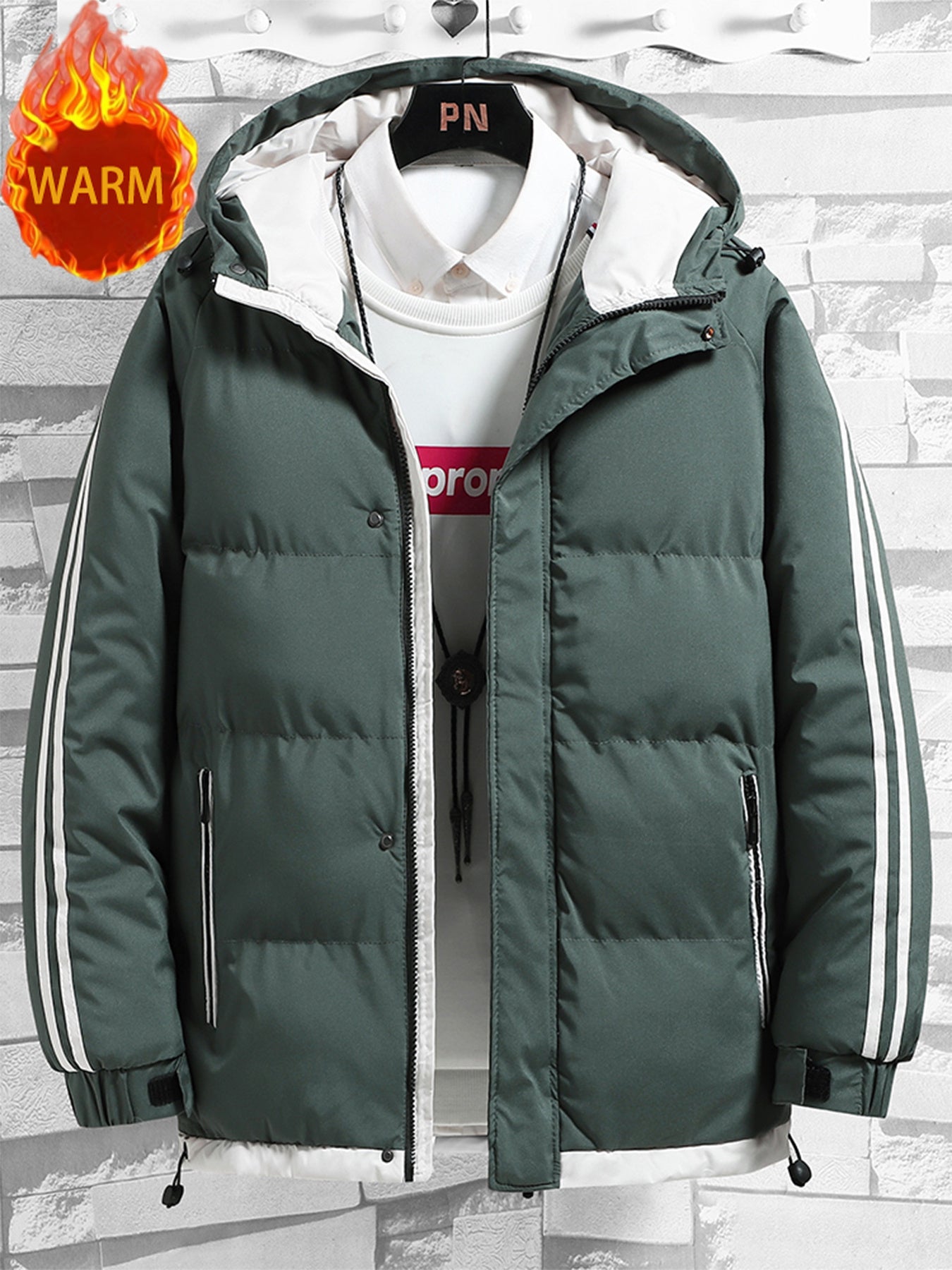 1pc Men's Heavy-Duty Winter Jacket with Hood - -Filled Coat, White & Dark Green, Golden-Zip Closure, Machine Washable, Casual Outdoor Wear (Snow, Windproof) - Regular Fit for, Skiing, Cold