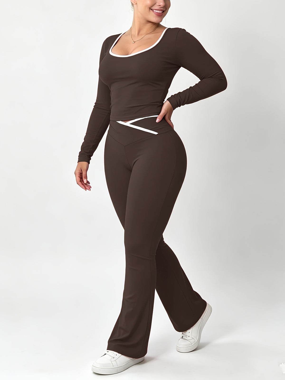 Slim Fit Cross Waist Color Block Crop Pants Set for Fall/Winter - ayq