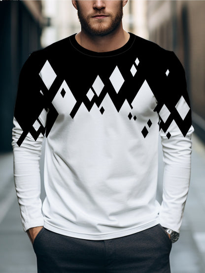 Men's Black & White Contrast Round Neck Long Sleeve T-Shirt - Casual Versatile Base Layer Top with Subtle Crossover Print, Machine Washable, Regular Fit for -Casual & Semi-Formal Wear