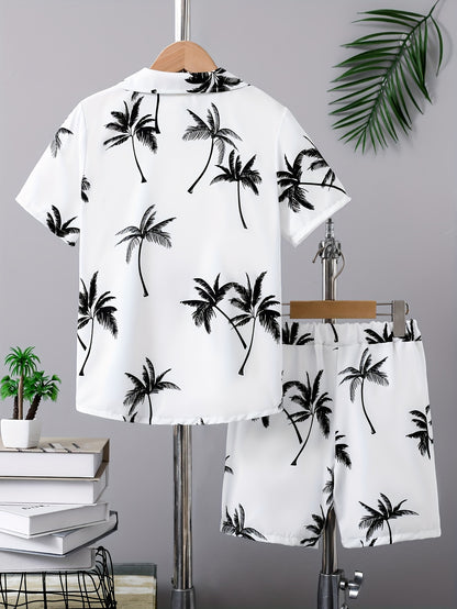 2pcs Boys Casual Coconut Tree Graphic Print Short Sleeve Lapel Shirt & Shorts Set, Comfy Summer Boys Clothing For Daily & Outdoor Wear