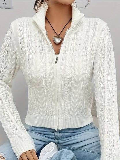 Women's Elegant Zip-Up Cable Cardigan with Stand Collar - Machine Washable Spring/Fall Jacket, White Solid Color, Braided Design & Zipper Front for Casual or Dressy Outfits, Cardigan Sweater, Autumn Layering Piece, Spring Out