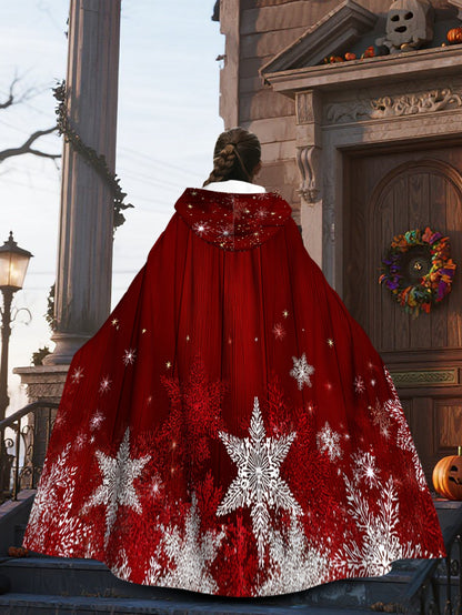 1pc Red & White Snowflake Cape with Hood - Long Flowing Winter Costume for s &, Christmas Party Costume, New Year's Eve Outfit, Themed Events - Machine Washable 100% Polyester Coat (Star Pattern Back), 2D Flat