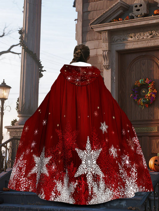 1pc Red & White Snowflake Cape with Hood - Long Flowing Winter Costume for s &, Christmas Party Costume, New Year's Eve Outfit, Themed Events - Machine Washable 100% Polyester Coat (Star Pattern Back), 2D Flat