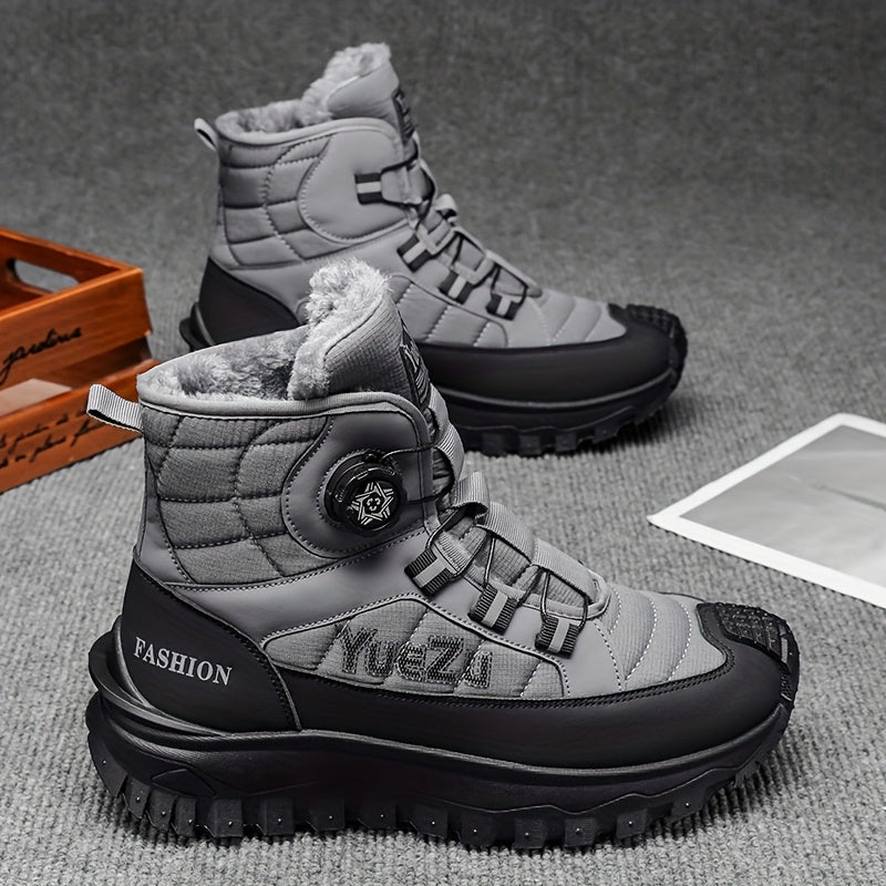 Men's -Lined Snow Boots, Winter Warm Work Boots, Wear-Resistant Outsole Anti-Slip Hiking Boots, Outdoor Trekking Boots, Tactical Work Boots, Gear Pattern Anti-Slip Sole, Snow Mountain Hiking Boots, Professional Outdoor Polar