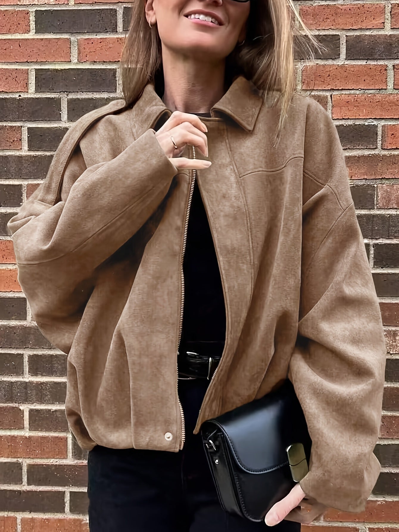 Women'S Vintage Bomber Jacket - Loose Fit Long Sleeve Zip-Up with Drop Shoulder Design, Brown Casual Outerwear for Fall/Winter, Non-Stretch Fabric, Perfect for Casual Attire, Autumn Winter Jacket | Vintage Bomber Style | Zipp