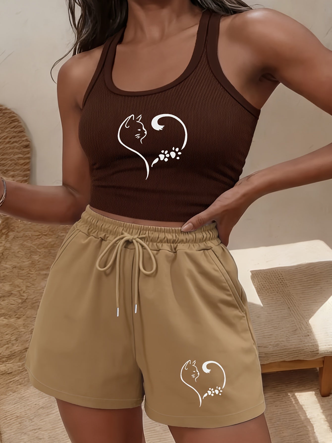 Buttery-Soft Crop Tank & Drawstring Shorts Set for Casual Wear