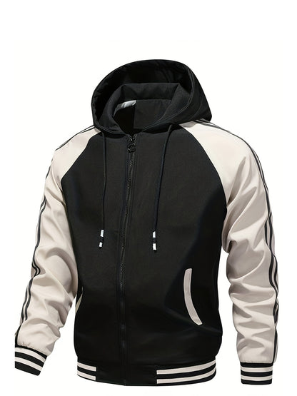 Men's Hooded Color Block Zipper Coat for Spring & Autumn