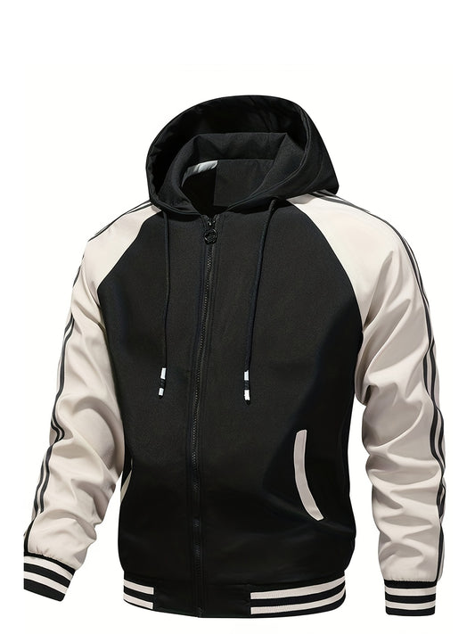 Men's Hooded Color Block Zipper Coat for Spring & Autumn