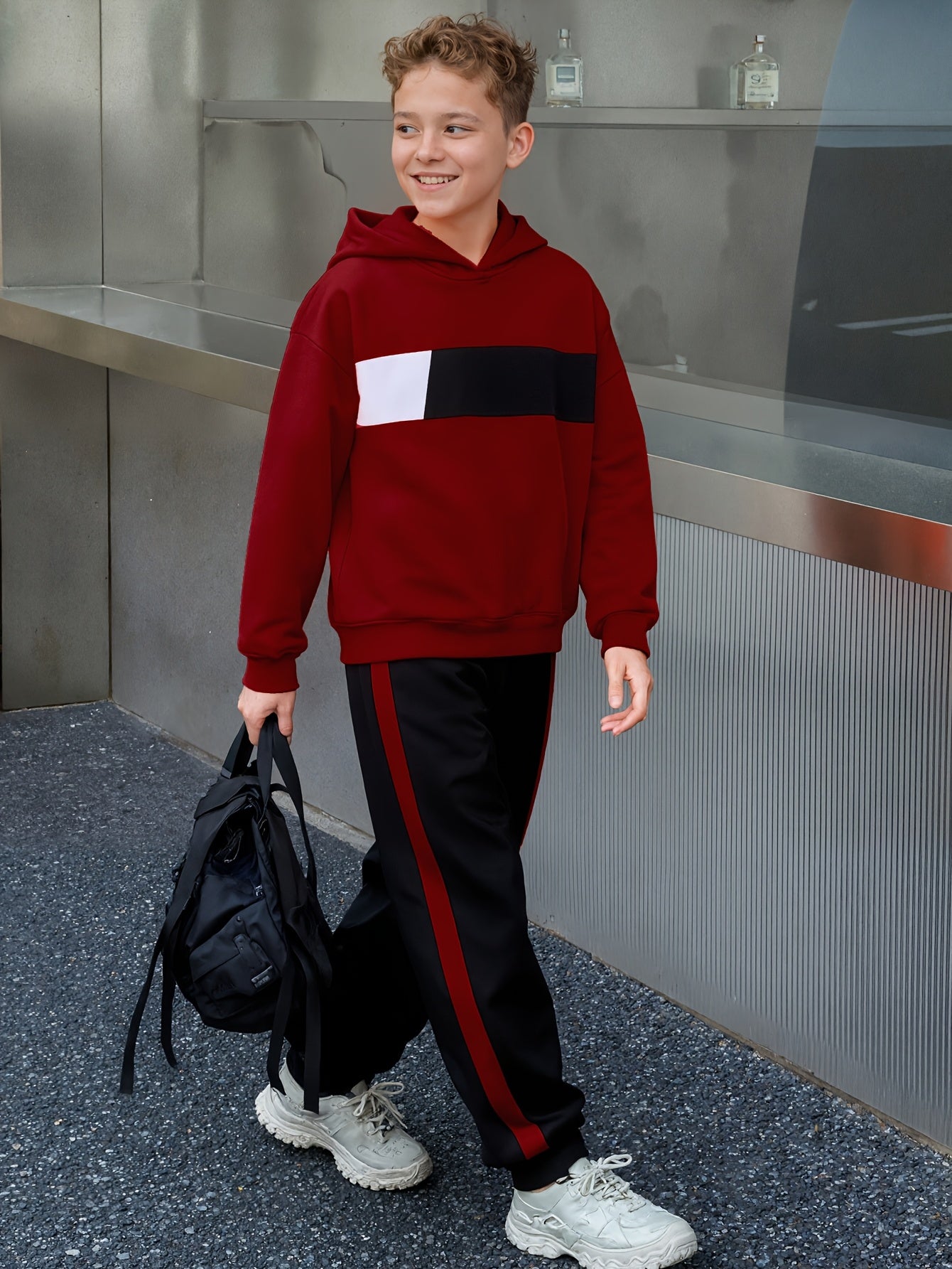 2pcs Boys' Winter Hooded Sweatsuit & Pants - Warm Sweater Outfit with Matching Long Pants, Colorblock Hoodie (Suitable for & Big Kids) - Machine Washable 2pcs set, Perfect for Outdoor