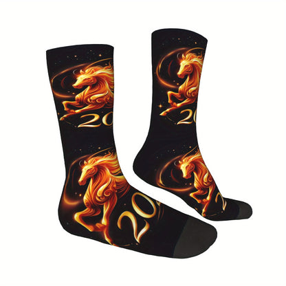 1pc Designed Socks sporty styles 2026 Year of the Horse Creative mid-calf socks geometric designs 3D digital print socks, cute socks for teens and adults ideal for daily wear, perfect for gift giving!